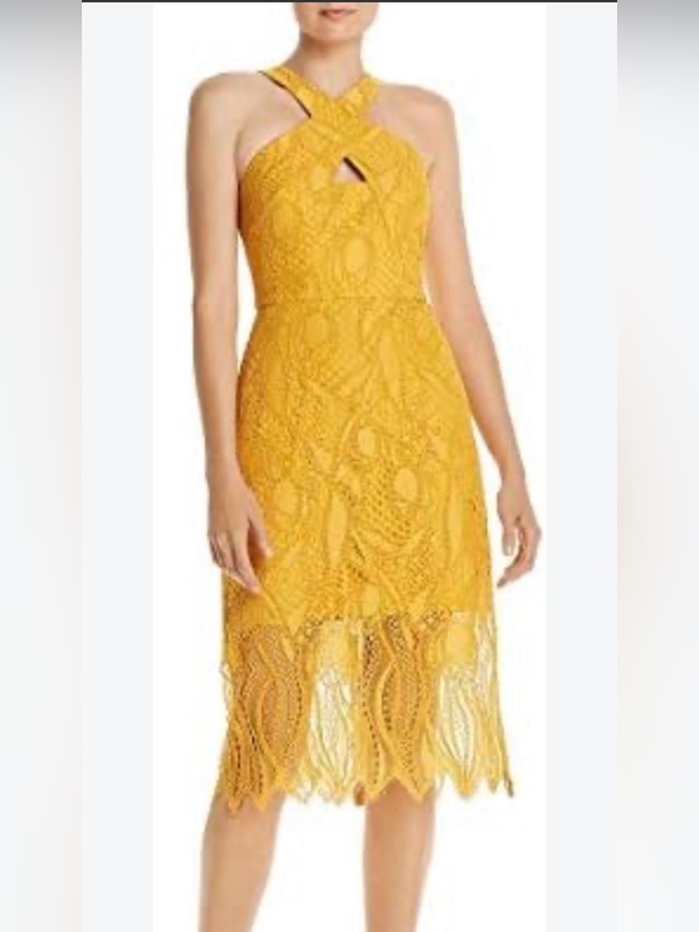 BCBGMAXAZRIA Lace Midi Dress w/Halter neckline. Golden Yellow
Size 12 NWT